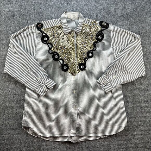 Vintage 90s Cache Shirt Women Large Striped Embellished Rhinestones Embroidered - Picture 1 of 14